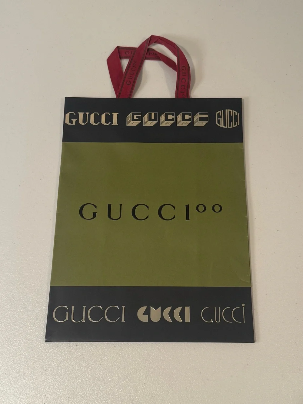 Gucci 100 Shopping Bag Olive & Black Gift Bag with Red Ribbon Handles